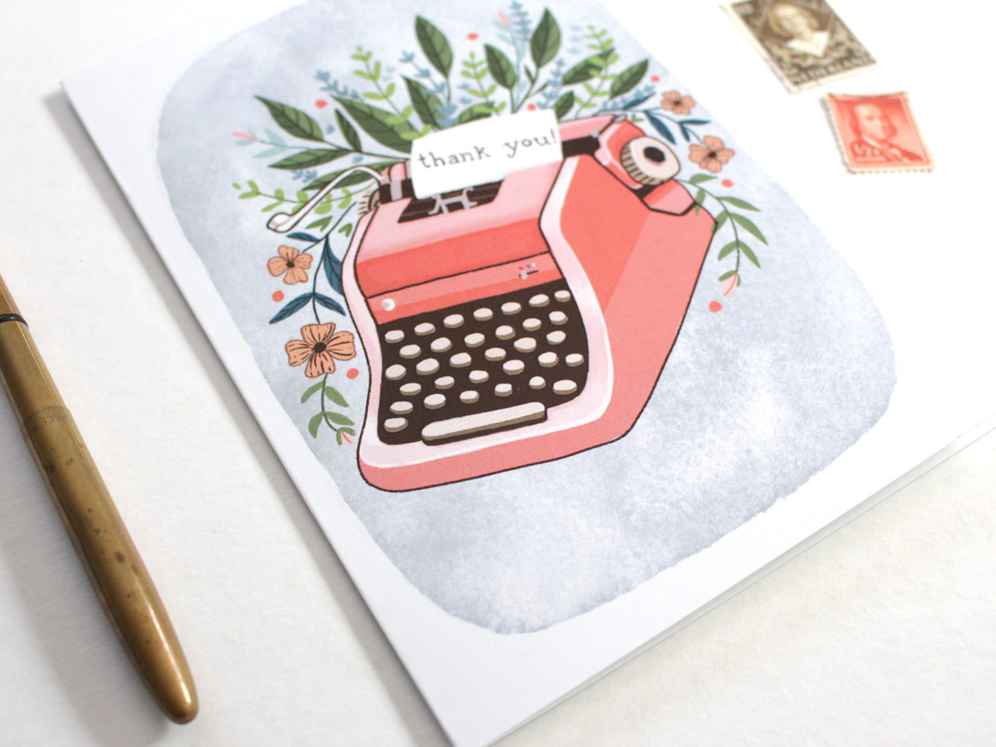 Blank Illustrated Thank You Card - Pink Typewriter