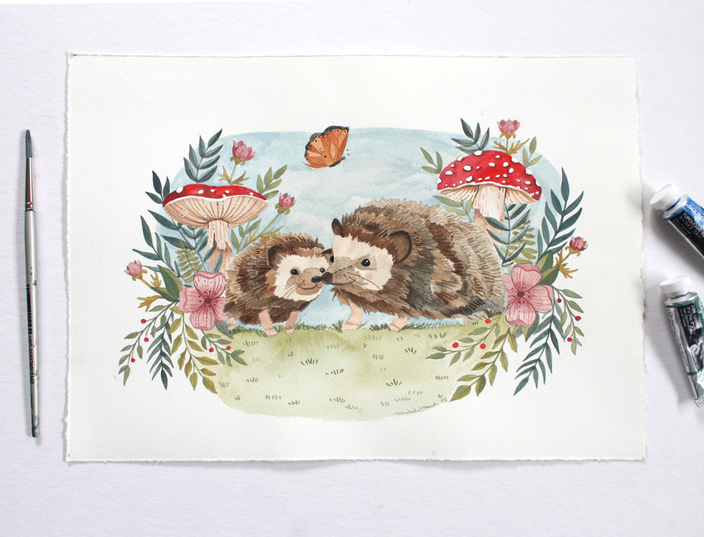 Original Gouache Painting - Little Hedgehogs