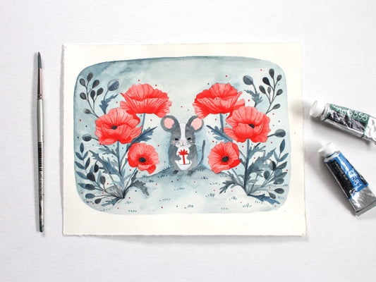 Original Gouache Painting - Little Mouse amongst the Poppies