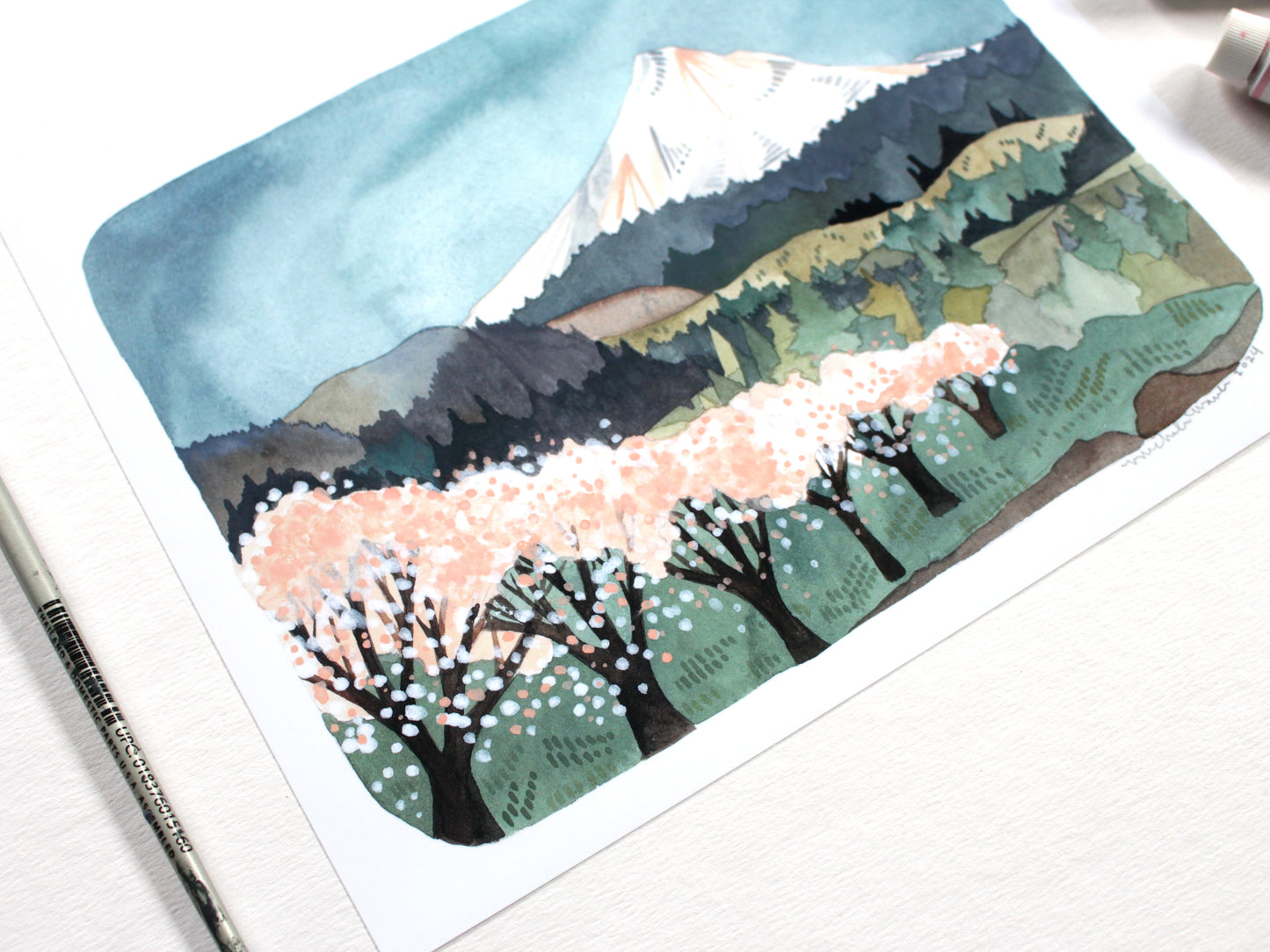 8x10 Print - Mt Hood Landscape Cherry Blossoms