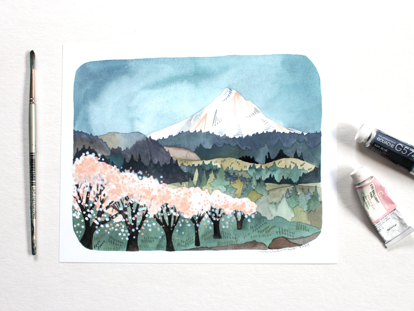 8x10 Print - Mt Hood Landscape Cherry Blossoms