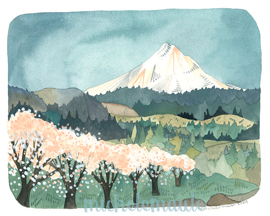 8x10 Print - Mt Hood Landscape Cherry Blossoms