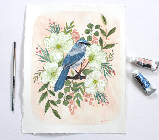 Original Painting - Spring Scrub Jay with Blossoms