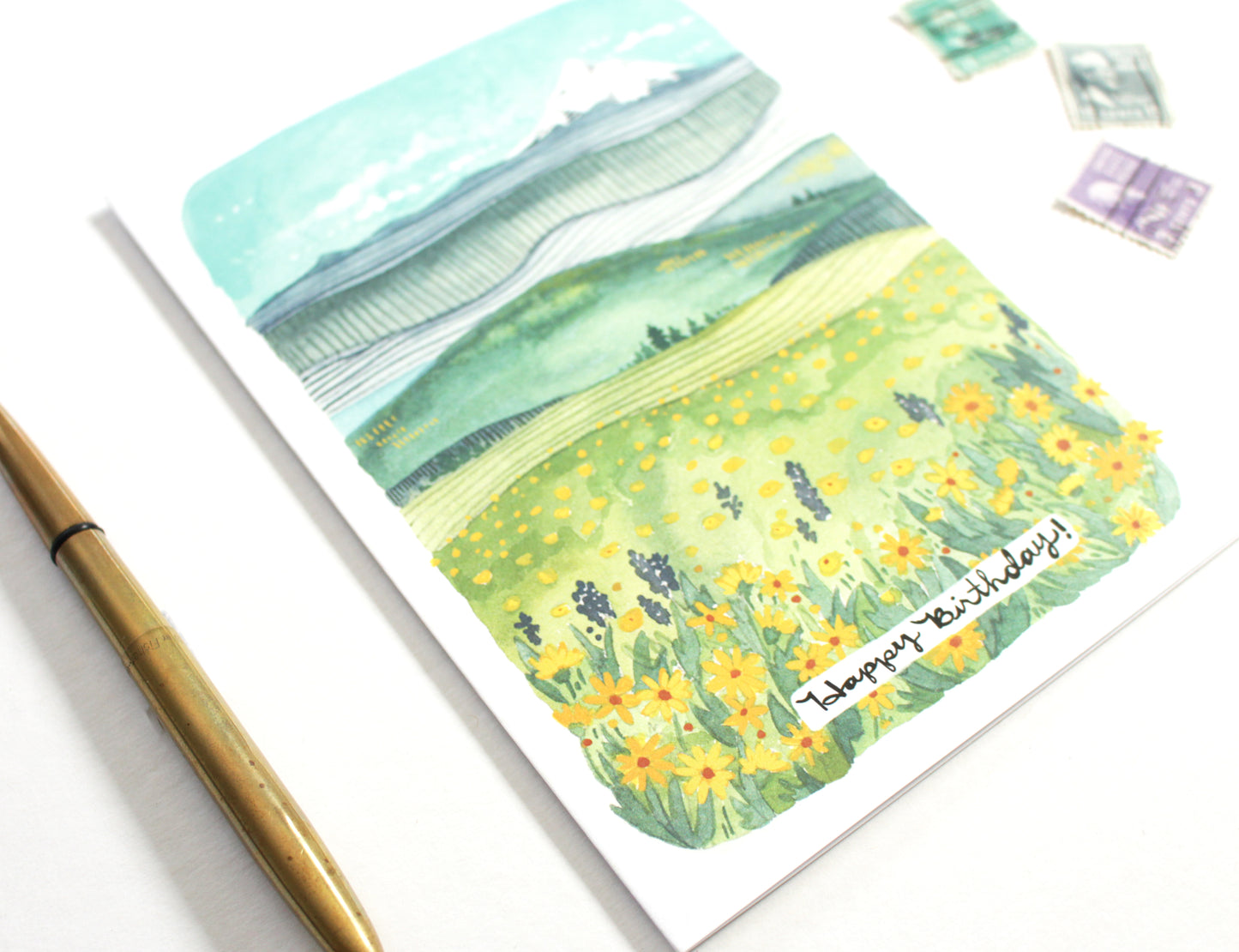Blank Oregon Birthday Card - Mt Hood with Wildflowers