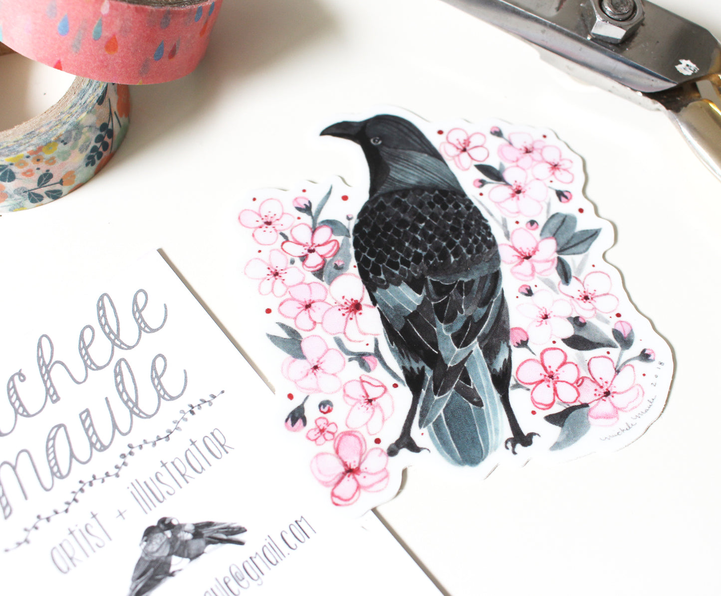 2.5 x 3" Crow with Blossoms Sticker