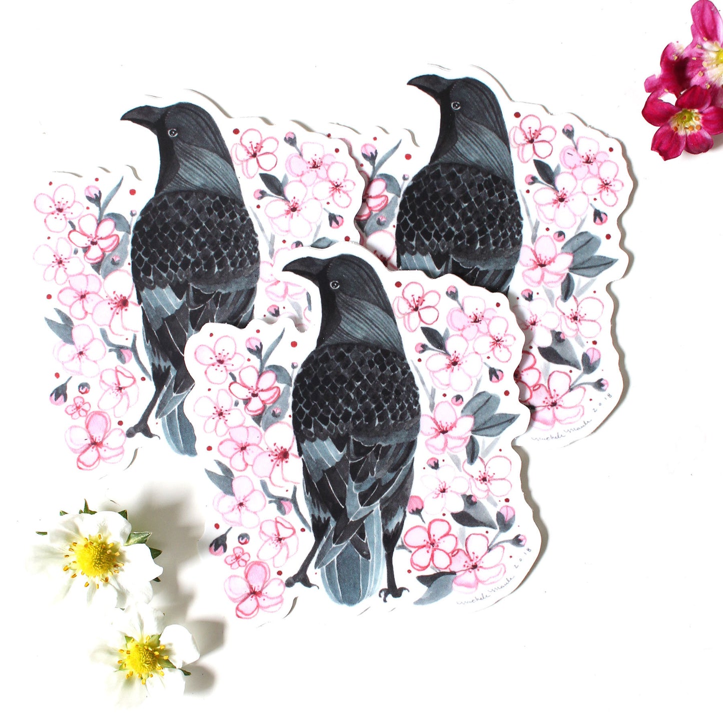 Set of Three Crow and Blossoms