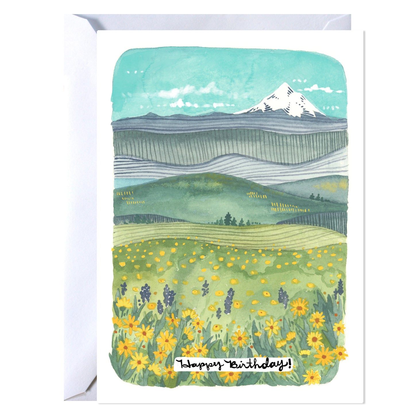 Blank Oregon Birthday Card - Mt Hood with Wildflowers