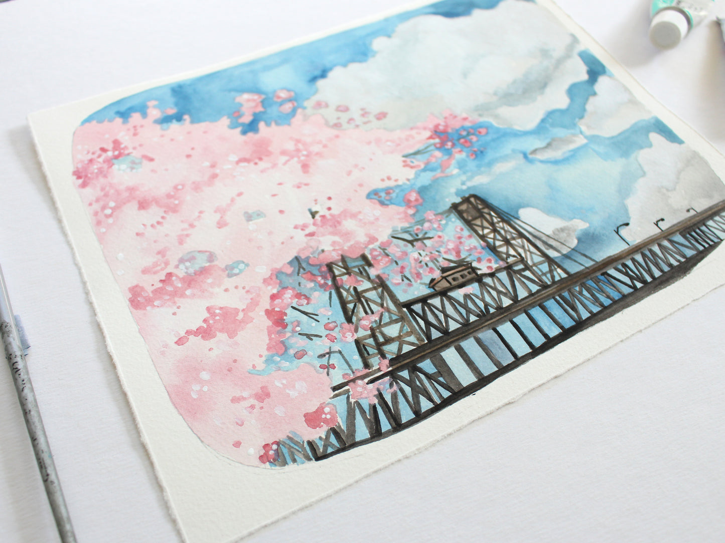 Original Painting - Steel Bridge with Cherry Blossoms