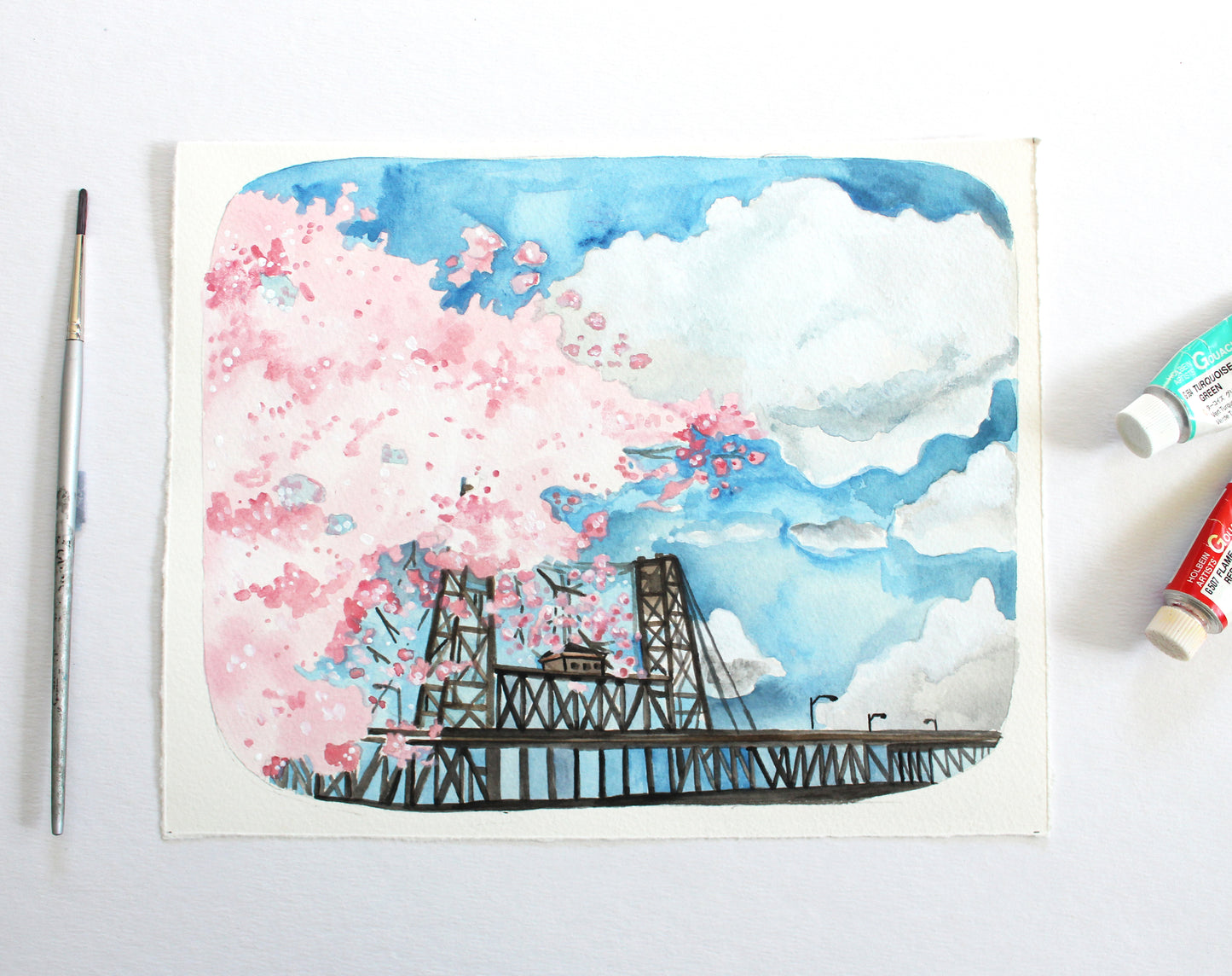 Original Painting - Steel Bridge with Cherry Blossoms